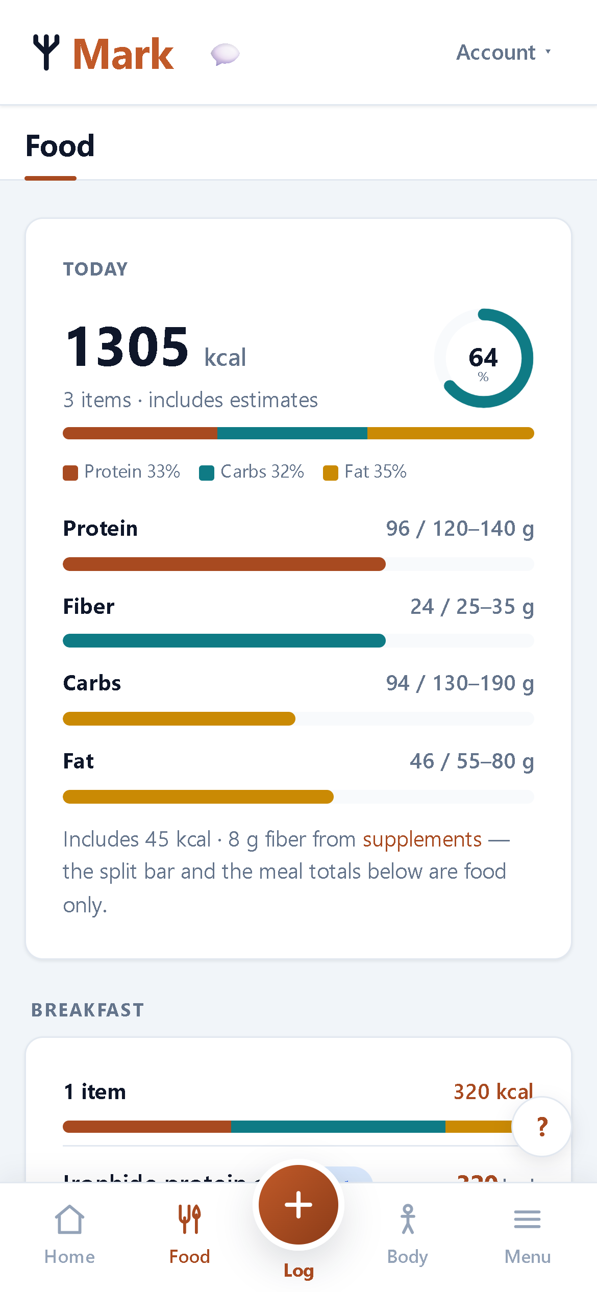 The Corpus food page: today's calories, protein, fiber, carb and fat totals against targets, with meals itemized below