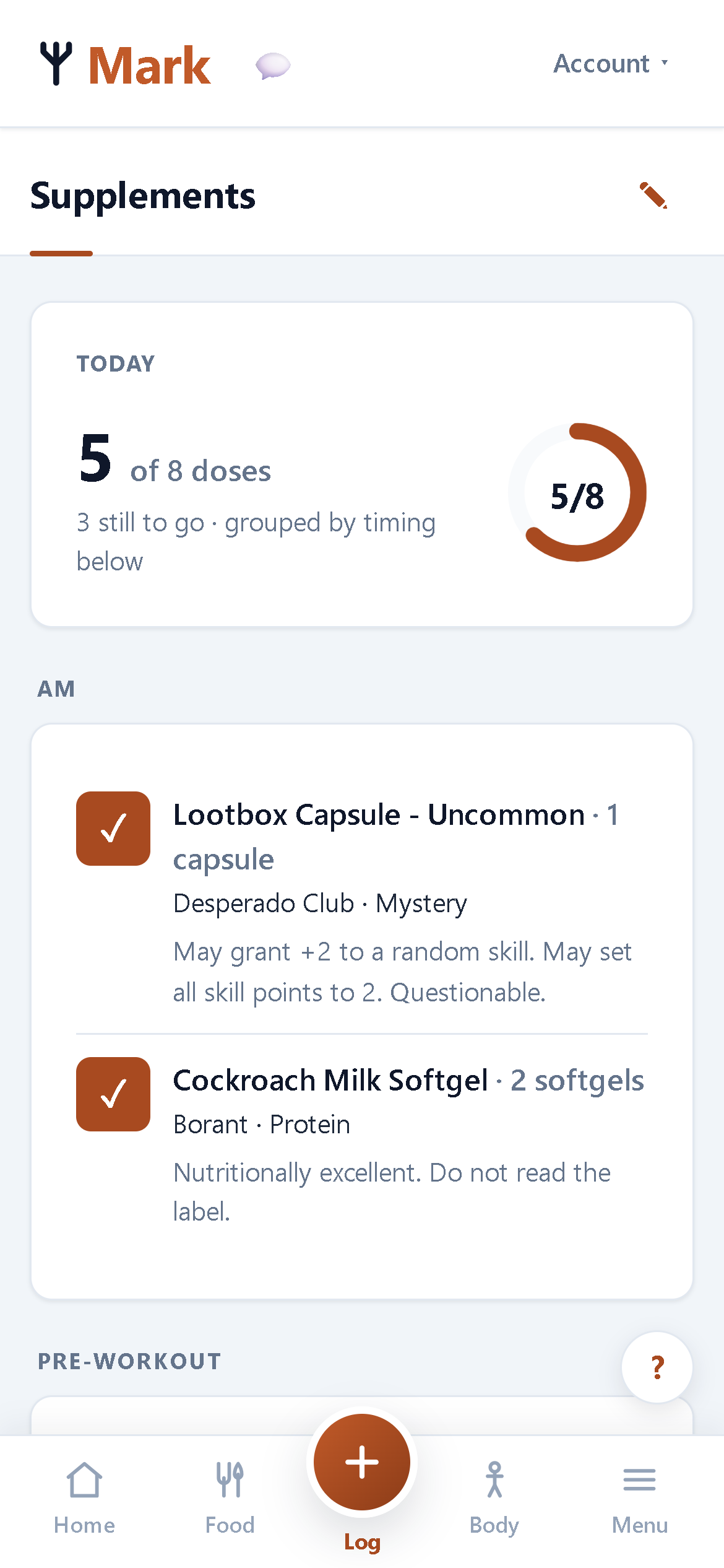 The Corpus supplements page: the daily checklist grouped by timing